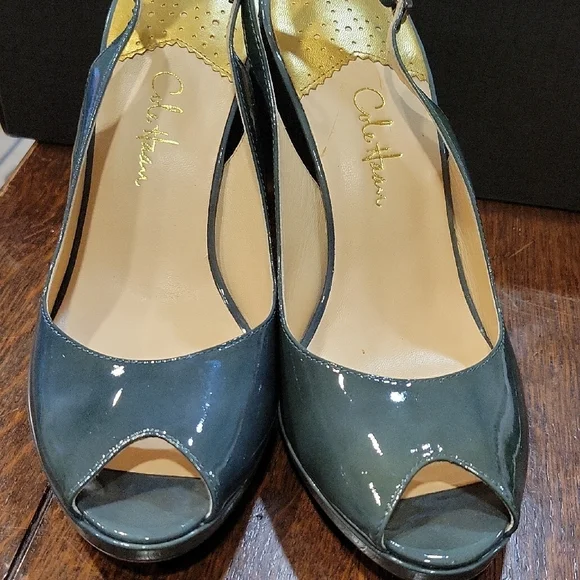 Cole Haan Women's Patent Peep Toe Heels - Dark Gray - Picture 1 of 8